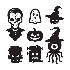 Collection of spooky Halloween character icons including monsters and a pumpkin. 