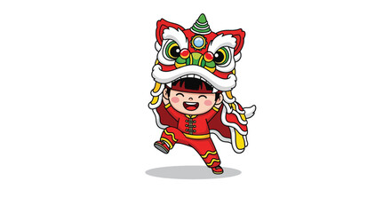 Fototapeta premium Cartoon child performing traditional Chinese lion dance with colorful costume.