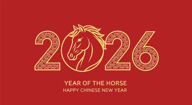 Chinese New Year 2026 Year of the Horse design ornate numbers horse head red background.