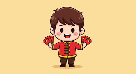 Cute cartoon boy in red traditional Chinese outfit holding lucky red envelopes.