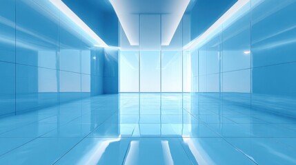 Obraz premium A serene hallway with bright blue walls and reflective tiles creates a calm and modern setting.