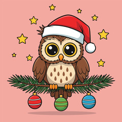 Cute cartoon Christmas owl in Santa hat on a festive pine branch with ornaments.