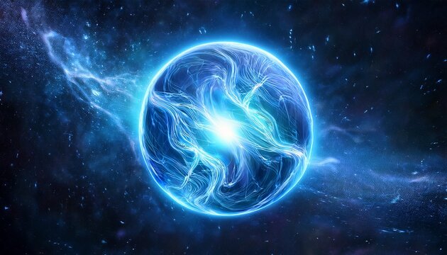 Blue Energy Plasma Ball In Deep Space Galaxy Background Sci Fi Concept