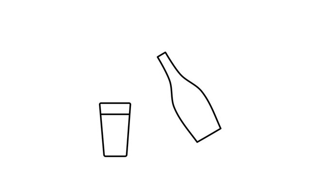A clean, minimalist line animation showing water being poured from a bottle into a glass. Black outline on white background with no fill. Loopable and 4K