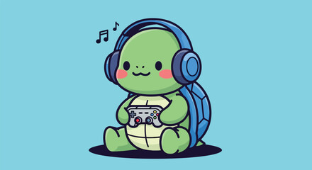 Cute cartoon turtle wearing headphones and playing video games.