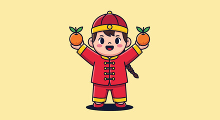 Cute Chinese boy cartoon holding oranges celebrating Lunar New Year.