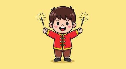 Happy cartoon boy in red Chinese outfit holding glowing sparklers.