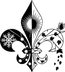Elegant dualistic fleur de lis symbolizing contrasting seasons with sun snowflake leaves and blooming flower offering artistic versatility © Vectors Studio