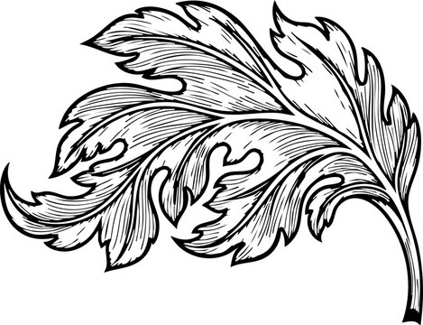 Elegant black and white acanthus leaf flourish adds sophisticated vintage detail to any design project needing classic ornamentation and timeless appeal.