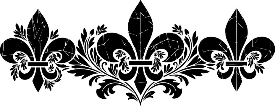 Elegant black fleur de lis ornate decorative border with vintage distressed texture, perfect for premium branding and timeless design elements