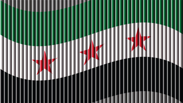 The syrian flag with a wavy design and three red stars on a field of colors