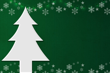 Minimal Christmas Tree Silhouette on Green Festive Background with Snowflakes
