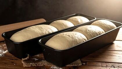 Raw dough loaves rising in baking tins, ready for the oven