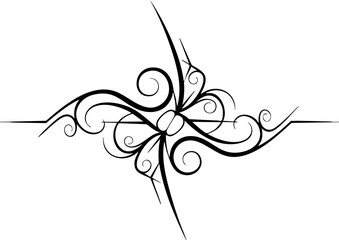 Elegant black ornamental flourish with swirling curves and sharp points creates a sophisticated decorative element for design projects.