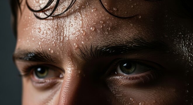 Macro shot of a soccer player displaying sweat beads, showcasing intense focus and determination under dramatic lighting