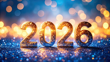 Glittering golden numbers 2026 stand against vibrant blue bokeh background, evoking festive and celebratory atmosphere. sparkling lights create sense of excitement and anticipation