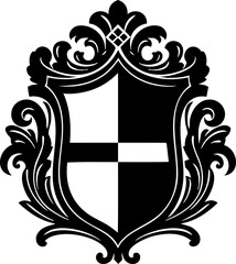 Elegant black and white heraldic crest with ornate scrollwork, symbolizing prestige, heritage, and noble lineage for sophisticated branding.