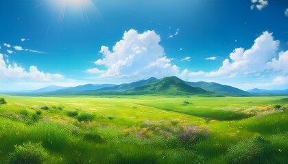 Obraz premium Beautiful Green Savanna Or Green Field With Sunny Day Anime Background Cloud Background Landscape View With Beautiful Day Sky On Sunny Weather Flowers And Mountains Beautiful Panorama With Surrealis