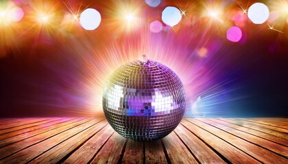 A Shiny Disco Ball On A Wooden Stage Floor With Colorful Club Lights Party And Celebration Concept For Event Invitation Or Poster
