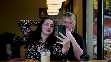 Two young women are taking a selfie together at a cafe