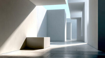 Minimal architecture with spacious layout, geometric shapes, bright sunlight, and clean white walls create modern, serene atmosphere