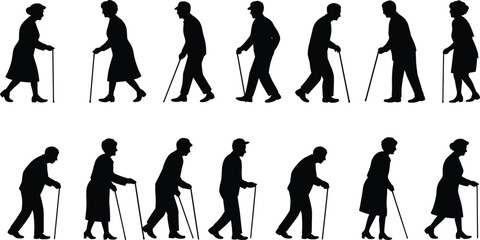 Elderly walking silhouette, cane support, aging mobility, black illustration, senior posture, gerontology design, physical therapy, vector art, health, care