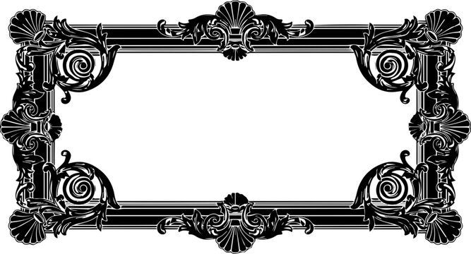 Elegant vintage ornate frame with scrolling baroque flourishes and shell accents, perfect for luxurious invitations or classic design projects