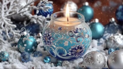 Decorative candle burning surrounded by blue ornaments in winter - Powered by Adobe