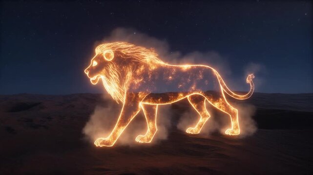 A black and white vector silhouette illustration of a lion on fire in the night, isolated wild animal icon