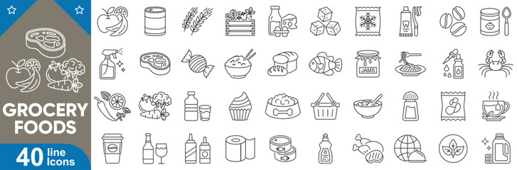 Grocery food and product categories vector icons set. Editable line pack of supermarket essentials, fresh produce, dairy, beverages, snacks, shopping and more symbols.