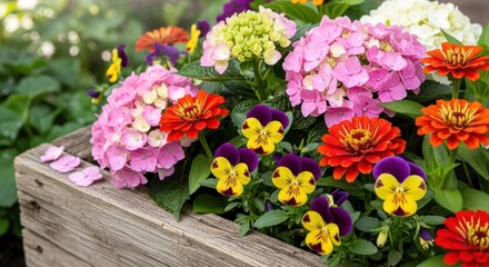 Charming display of colorful flowers in a rustic wooden planter box enhancing garden appeal