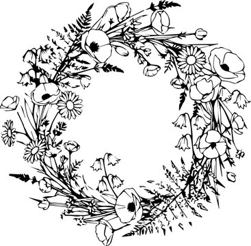 Delicate floral wreath brimming with blooming poppies, daisies, and ferns, perfect for elegant invitations, seasonal decor, and natural branding projects.