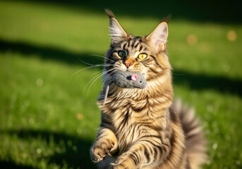 A playful Maine Coon cat with a bushy tail runs across a green lawn, holding a small toy mouse in its mouth. The cat has striking yellow eyes and a thick, striped coat.