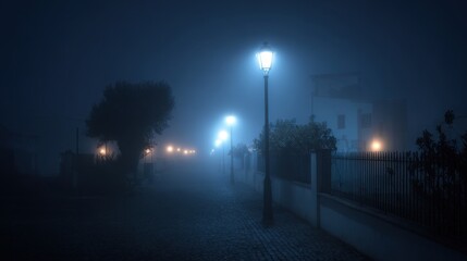 Soft blue light glows from lampposts as fog blankets the deserted street creating a serene atmosphere.