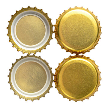 Four metal crown caps, two showing interiors, golden hue, isolated on black