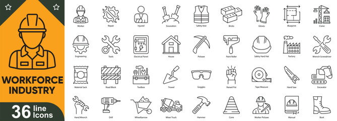 Workforce and industry line icons set. Customizable vector symbols of construction worker, hard hat, hammer, wrench, safety vest, toolbox, crane, shovel, welding torch and more.