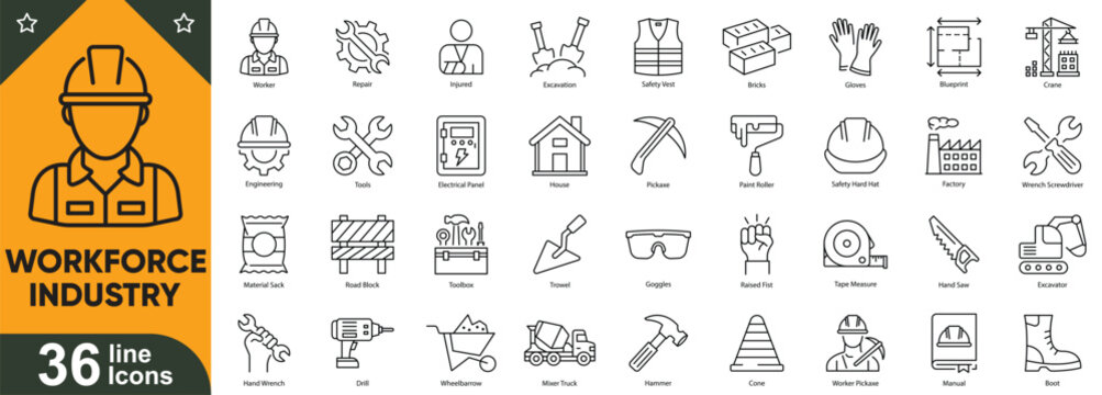 Workforce and industry line icons set. Customizable vector symbols of construction worker, hard hat, hammer, wrench, safety vest, toolbox, crane, shovel, welding torch and more.