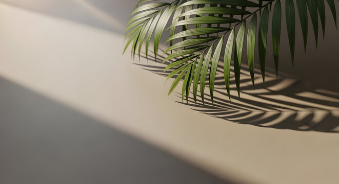palm leaves casting soft shadows on a smooth backdrop, relaxing sunlight, modern minimal compositional style.