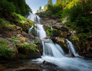 Obraz premium serene mountain waterfall cascades down rocky cliffs lush greenery surrounding the pristine water flow water amazing