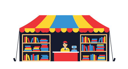 This flat design vector illustration depicts a vibrant open-air book stall at the Jaipur Literature Festival, featuring a colorful tent canopy and neatly stacked books. 