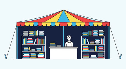 This flat design vector illustration depicts a vibrant open-air book stall at the Jaipur Literature Festival, featuring a colorful tent canopy and neatly stacked books. 