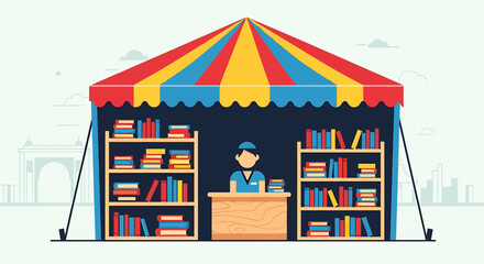 This flat design vector illustration depicts a vibrant open-air book stall at the Jaipur Literature Festival, featuring a colorful tent canopy and neatly stacked books. 