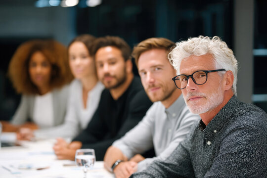 Confident business team meeting in modern office, diverse professionals discussing strategy, teamwork and leadership