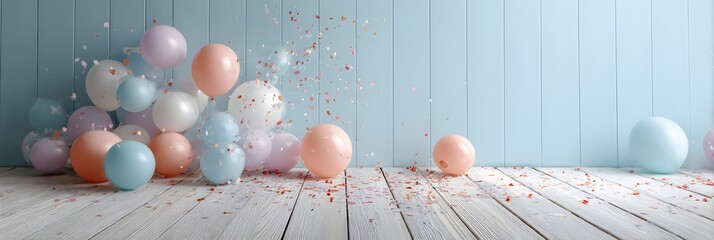 Pastel colored balloons and falling confetti rest on a light blue wooden floor with plenty of copy space for birthday and celebration designs