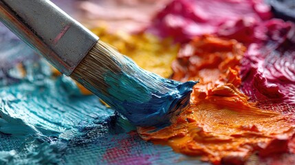 A brush mixes vibrant colors like blue orange and pink on a textured canvas palette.
