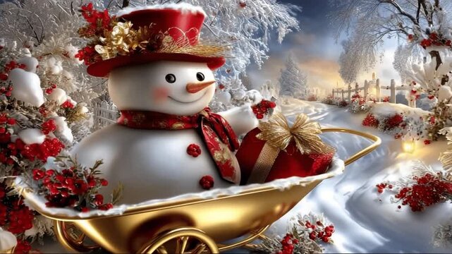 Snowman in a gold wheelbarrow with Christmas gifts in winter landscape  