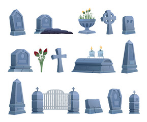 A set of tombstones and memorial obelisks for a cemetery with a decorative fence. Various tombstone shapes, flowers, and candles symbolize remembrance and respect.