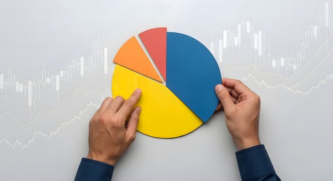 Hands arranging a colorful pie chart with red orange yellow and blue pieces on a financial graph background