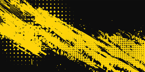 Yellow and black backdrop with dot halftone pattern element. Abstract brush grunge background. retro comic concept for your graphic design, banner or poster. Vector illustration.