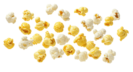 Numerous bright white and golden-yellow popcorn kernels, fluffy and crisp, floating dynamically mid-air against a transparent studio background with ample negative space. Concept of deliciousness
